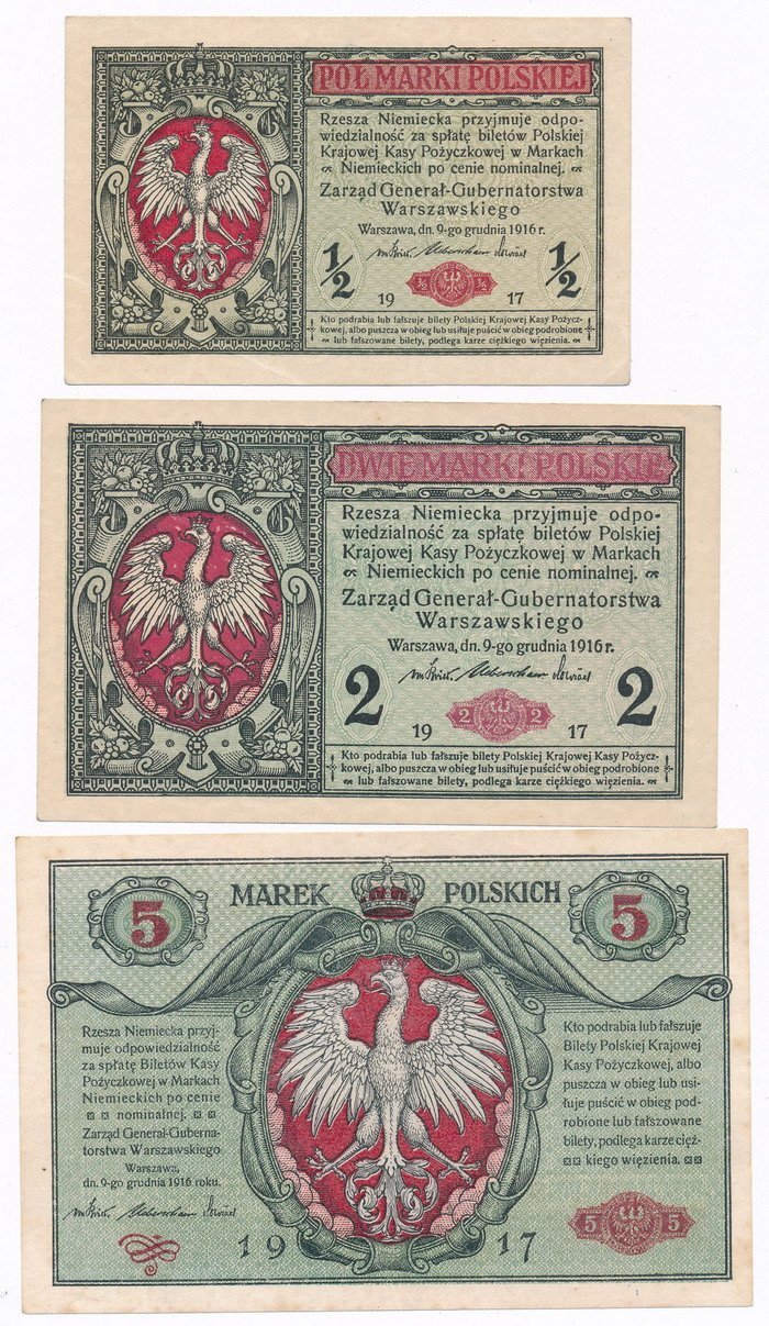 Banknoty. Zestaw 1/2, 2 i 5 marek polskich 1916 „GENERAŁ”